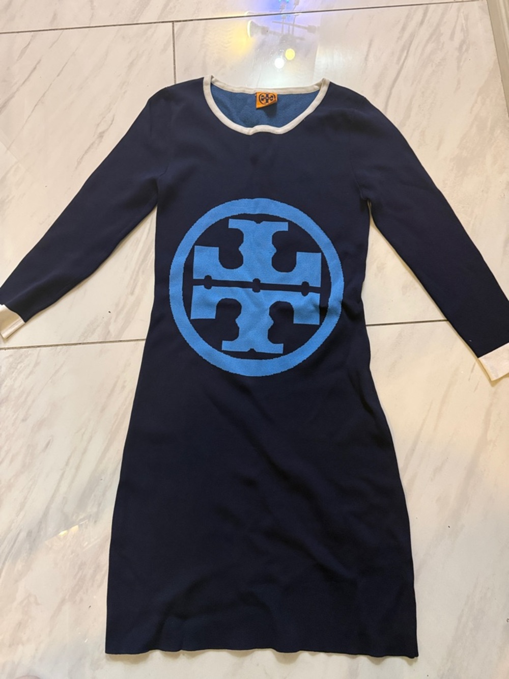 Tory Burch Navy and Light Blue Logo Long Sleeve Knit Dress